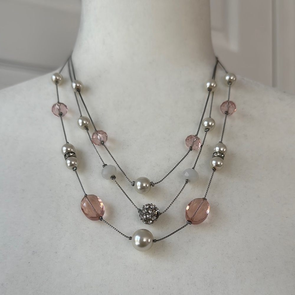 Elegant Multi-Layered Pink and Silver Necklace